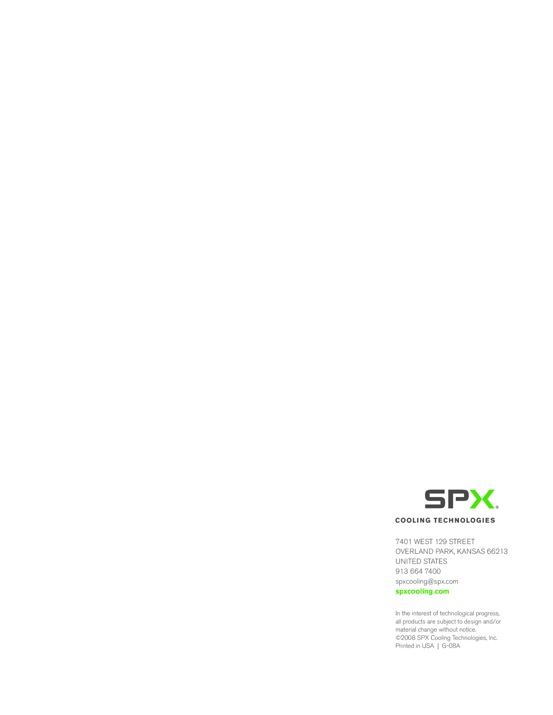 SPX Cooling Technologies G-08A manual West 129 Street Overland PARK, Kansas 66213 United States 