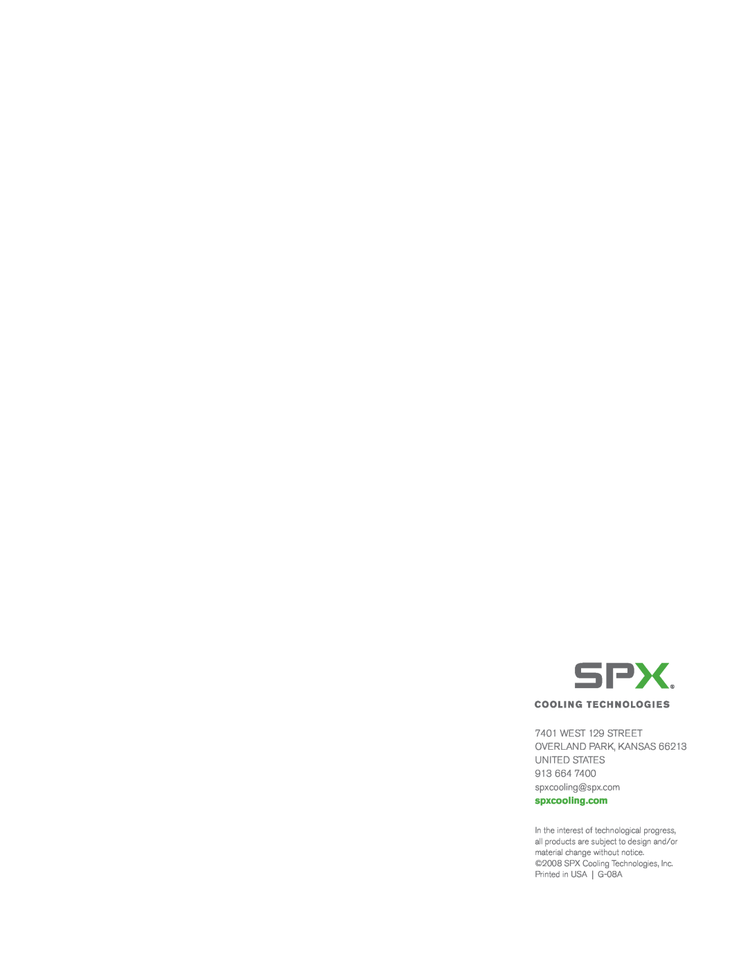 SPX Cooling Technologies G-08A manual 