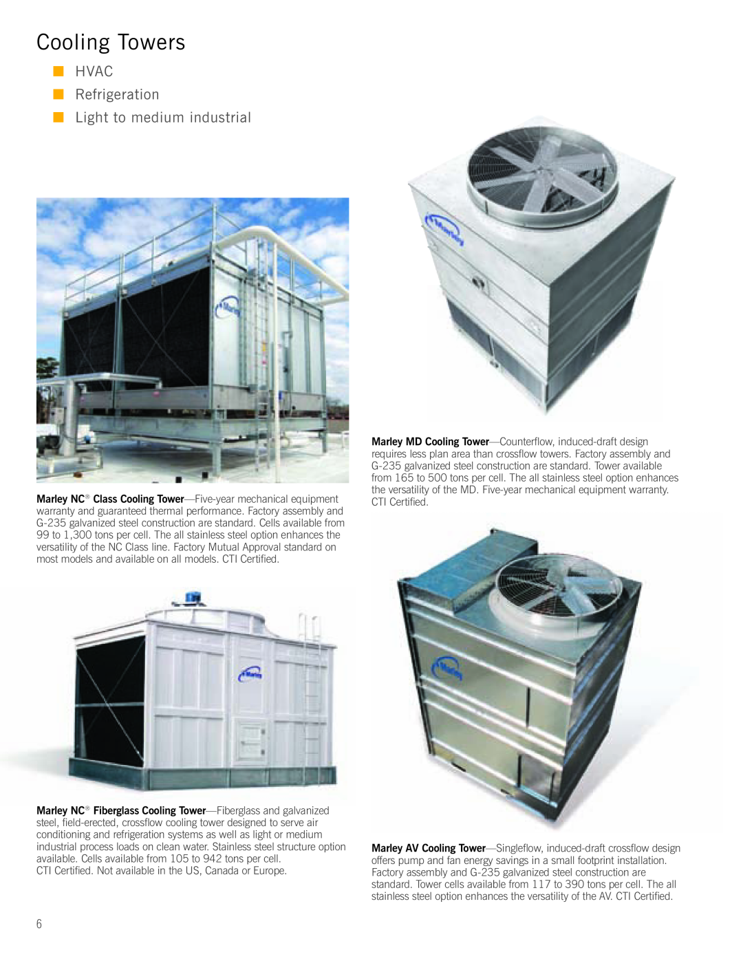 SPX Cooling Technologies G-08A manual Cooling Towers, HVAC Refrigeration Light to medium industrial 