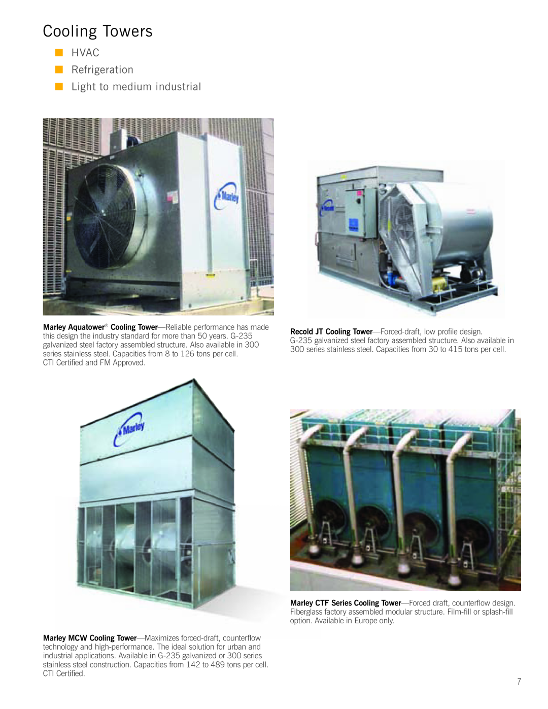 SPX Cooling Technologies G-08A manual Cooling Towers, HVAC Refrigeration Light to medium industrial 
