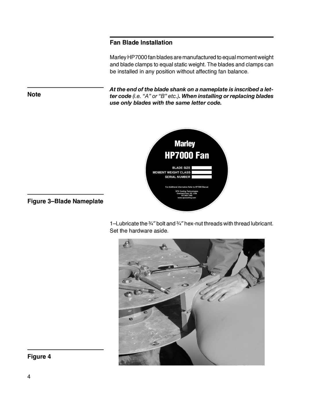 SPX Cooling Technologies HP7000 user manual Fan Blade Installation, Blade Nameplate 