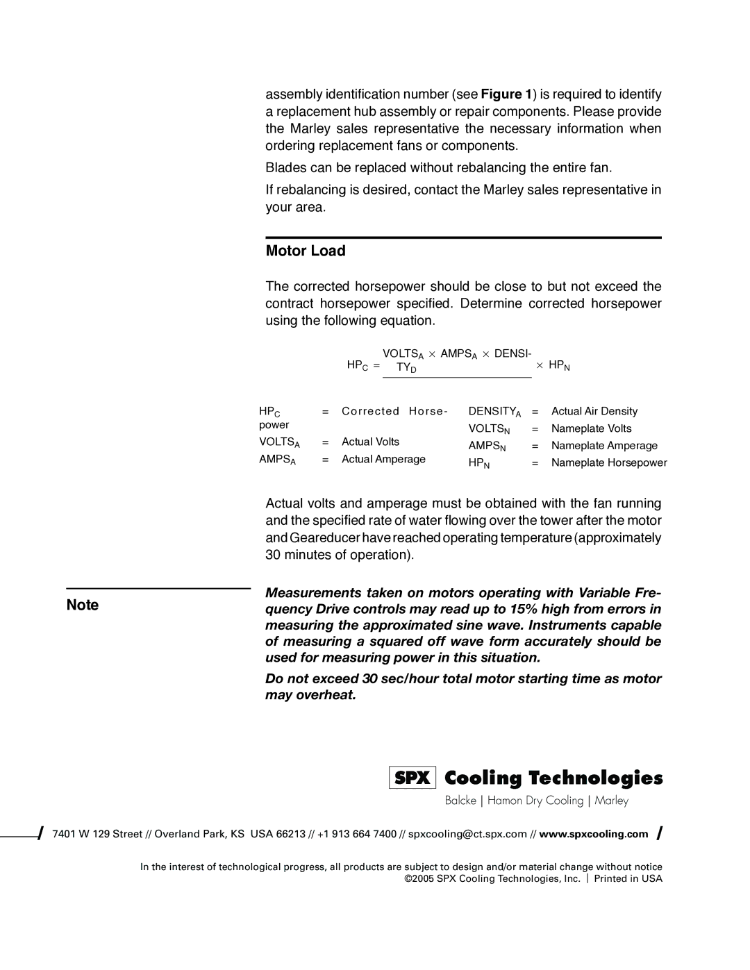 SPX Cooling Technologies HP7000 user manual Motor Load 