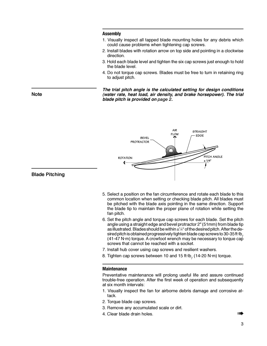 SPX Cooling Technologies HP7I user manual Assembly, Blade Pitching, Maintenance 