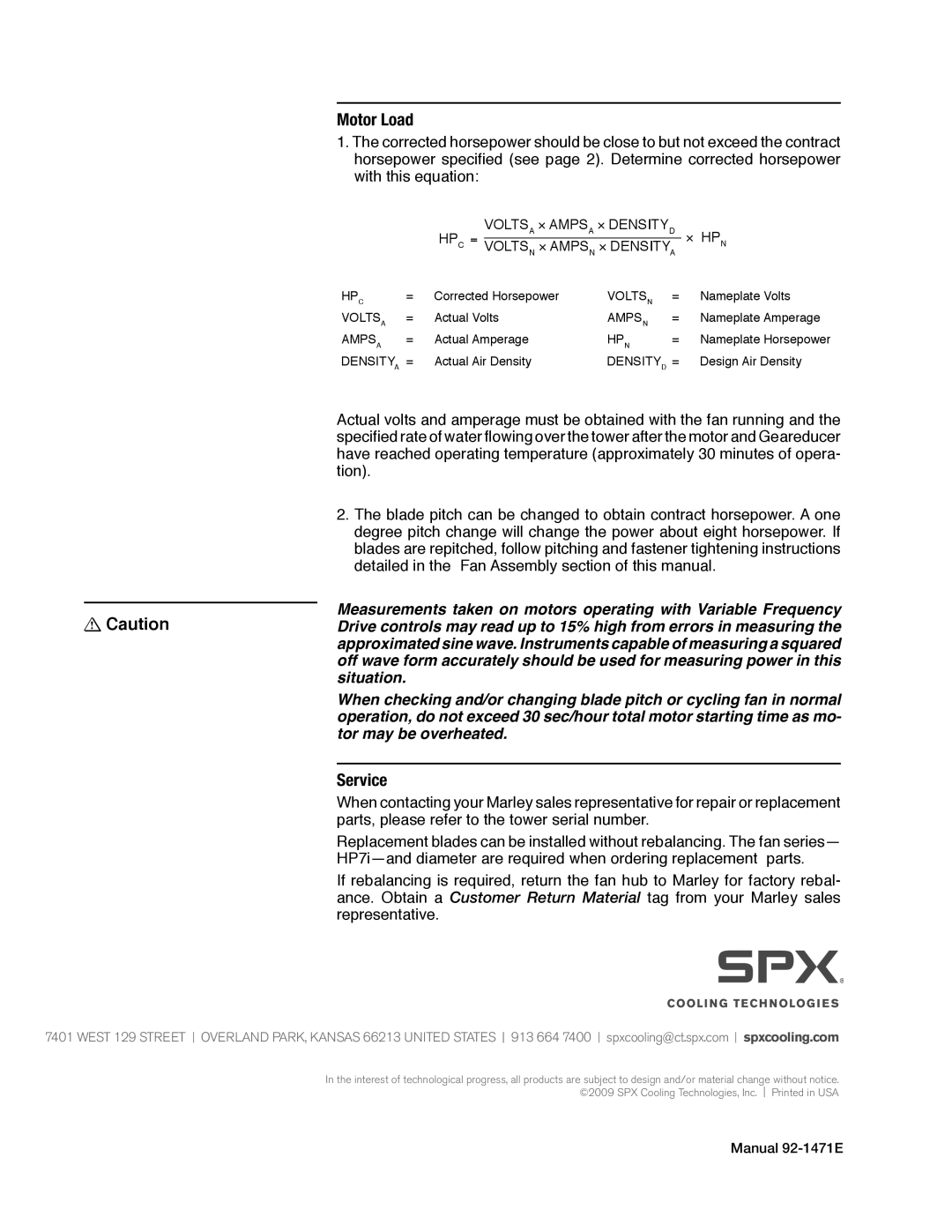SPX Cooling Technologies HP7I user manual Motor Load, Service 