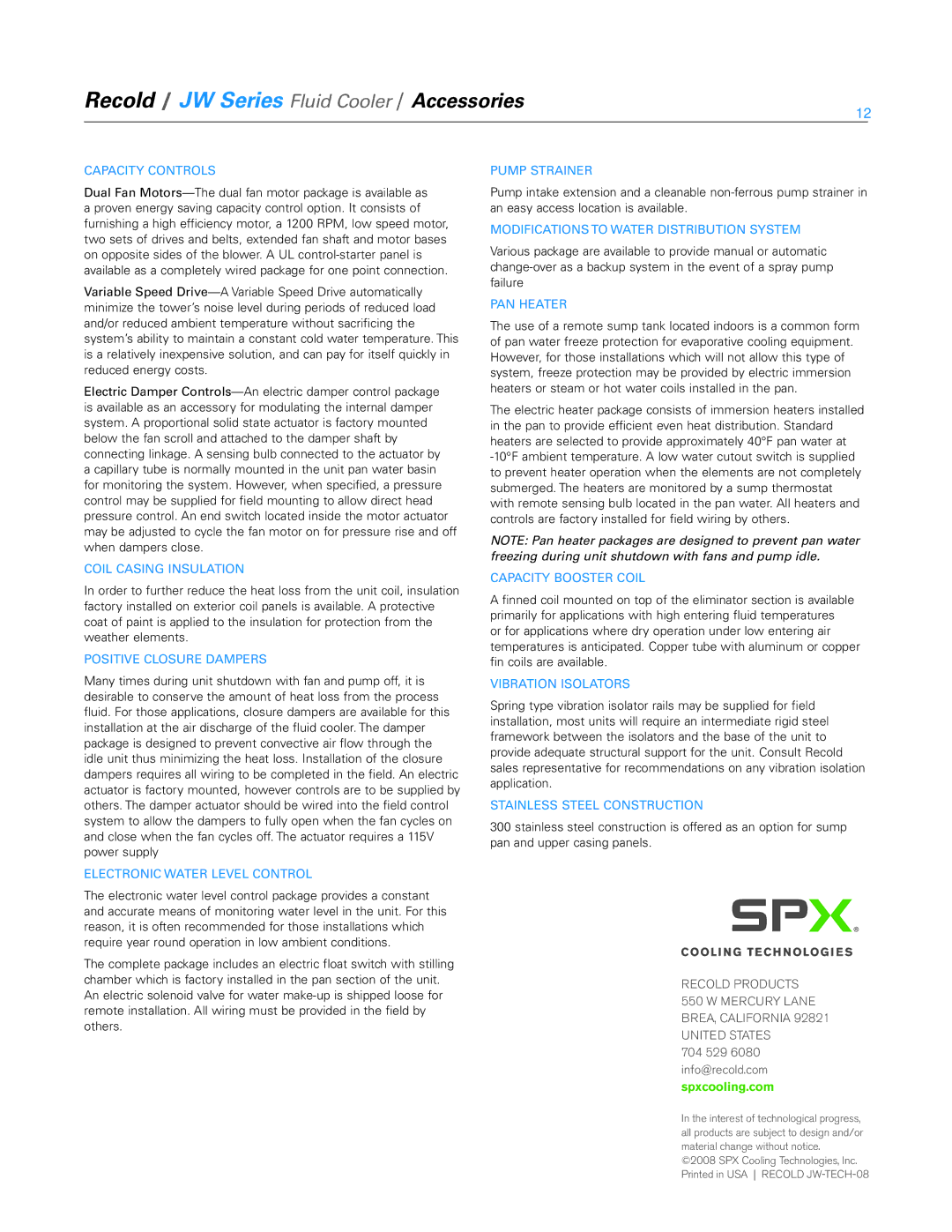 SPX Cooling Technologies manual Recold / JW Series Fluid Cooler / Accessories, Capacity Controls 