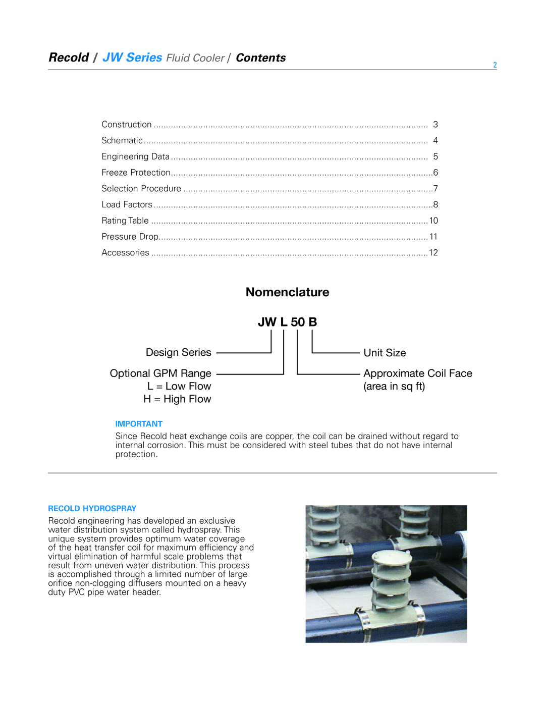 SPX Cooling Technologies manual Nomenclature JW L 50 B, Recold / JW Series Fluid Cooler / Contents 