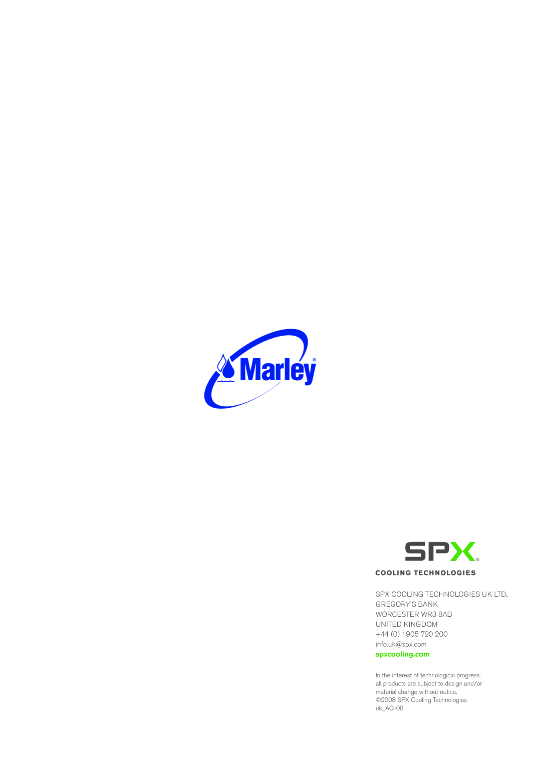 SPX Cooling Technologies Marley Aquatower manual Worcester WR3 8AB United Kingdom 