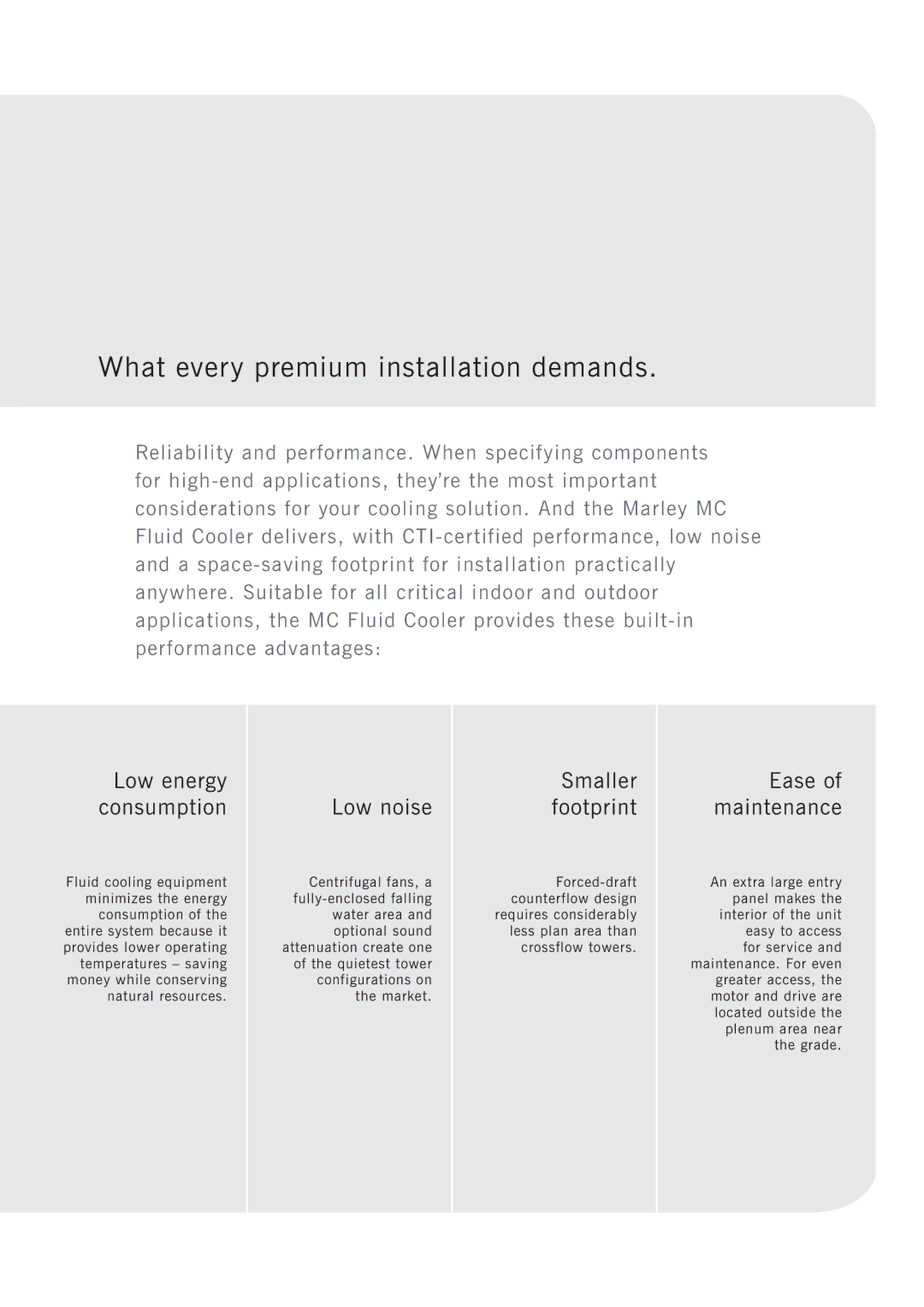 SPX Cooling Technologies Marley MC manual What every premium installation demands, Low energy consumption, Low noise 