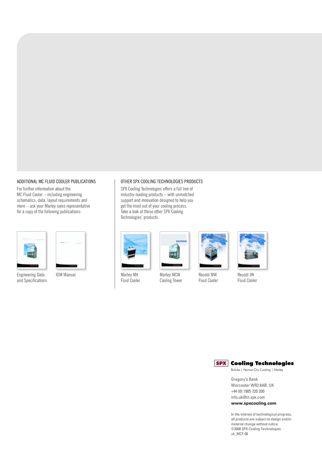 SPX Cooling Technologies Marley MC manual For further information about, Other SPX Cooling Technologies Products 