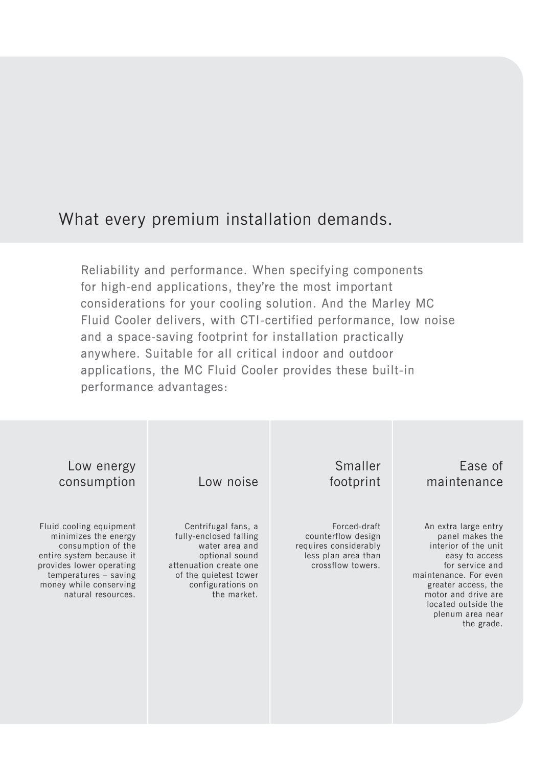 SPX Cooling Technologies Marley MC manual What every premium installation demands, Low energy consumption, Low noise 