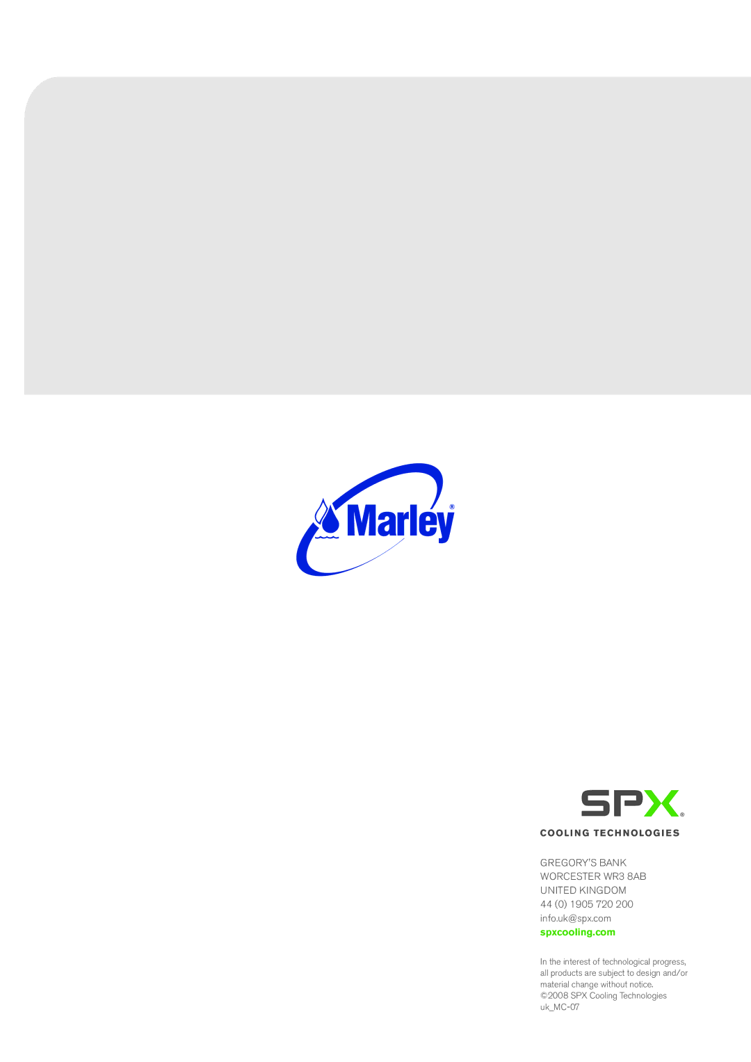 SPX Cooling Technologies Marley MCW manual Gregorys Bank Worcester WR3 8AB United Kingdom 