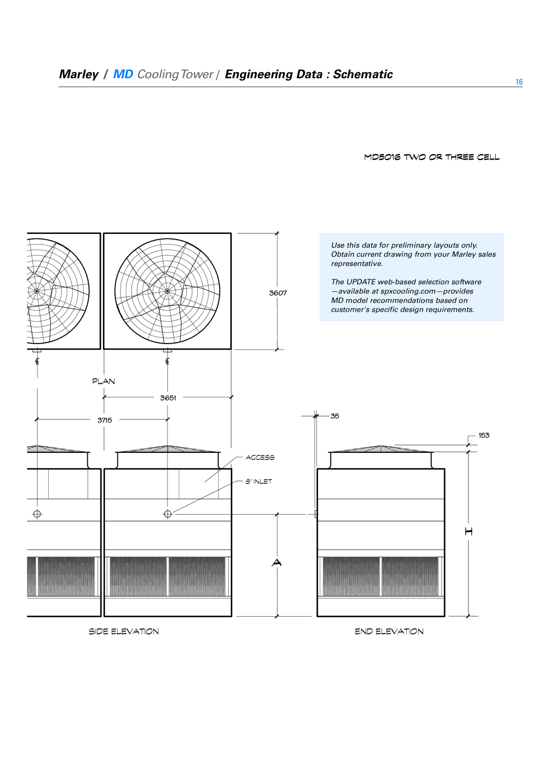 SPX Cooling Technologies Marley MD specifications MD5016 TWO or Three Cell, Side Elevation 