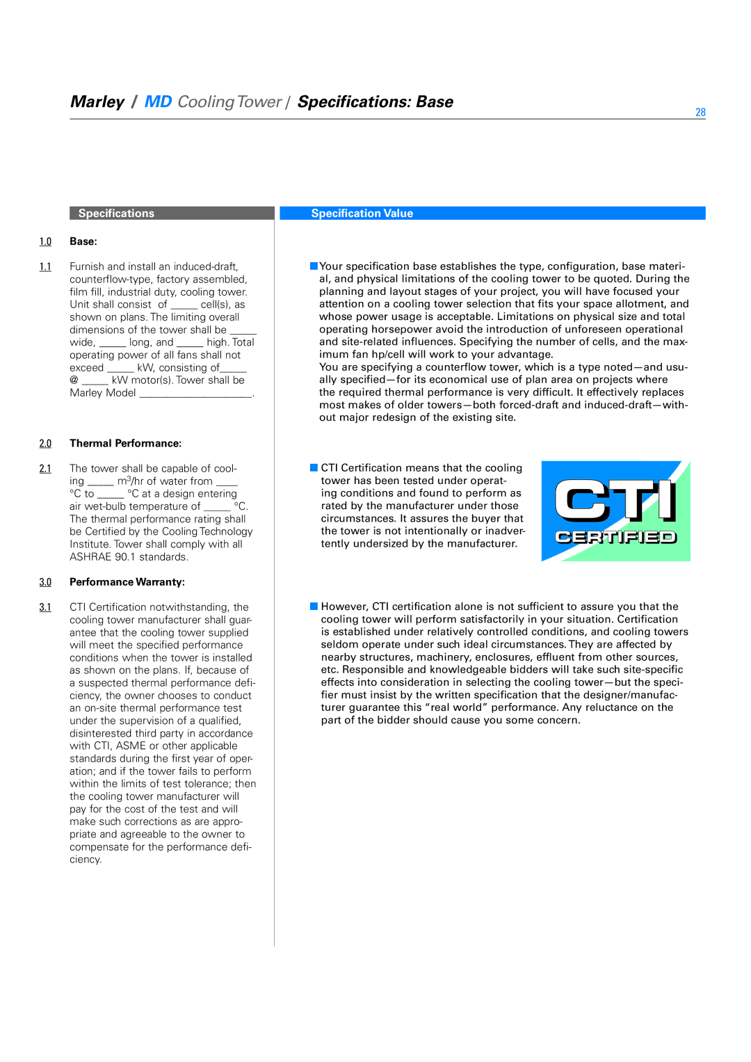 SPX Cooling Technologies Marley MD specifications Marley / MD CoolingTower / Specifications Base, Thermal Performance 