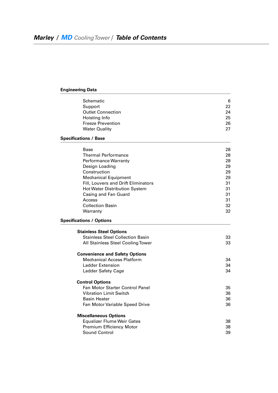 SPX Cooling Technologies Marley MD specifications Marley / MD CoolingTower / Table of Contents 