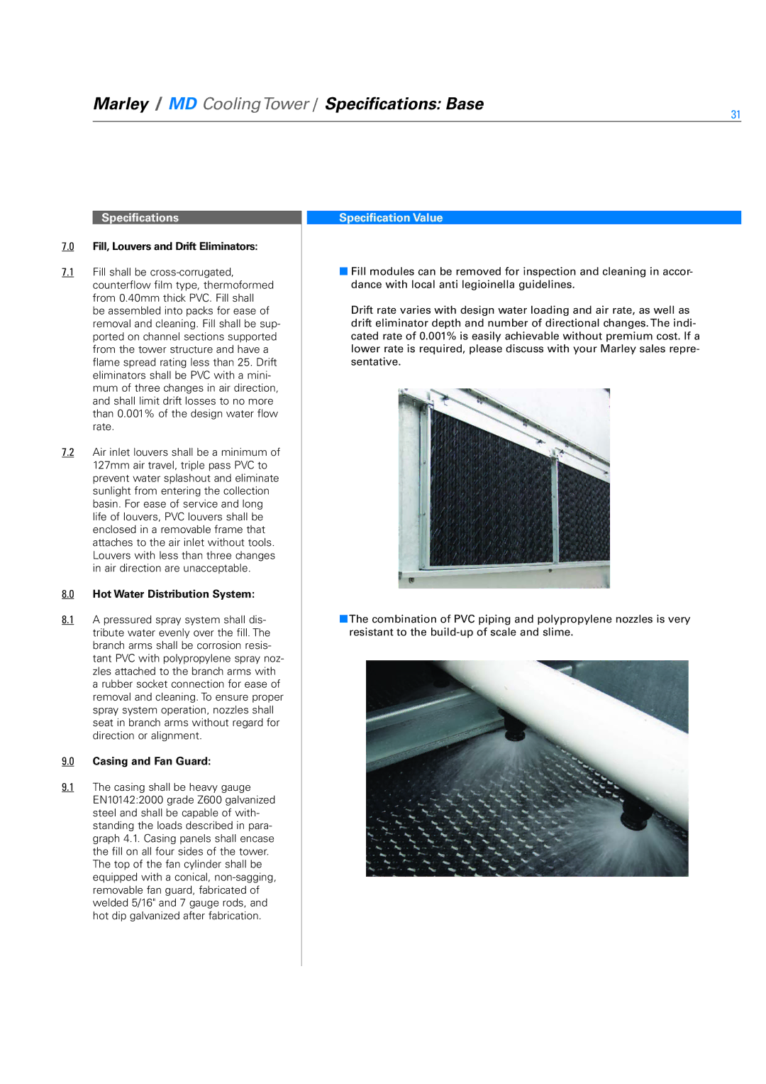 SPX Cooling Technologies Marley MD specifications Fill, Louvers and Drift Eliminators, Hot Water Distribution System 