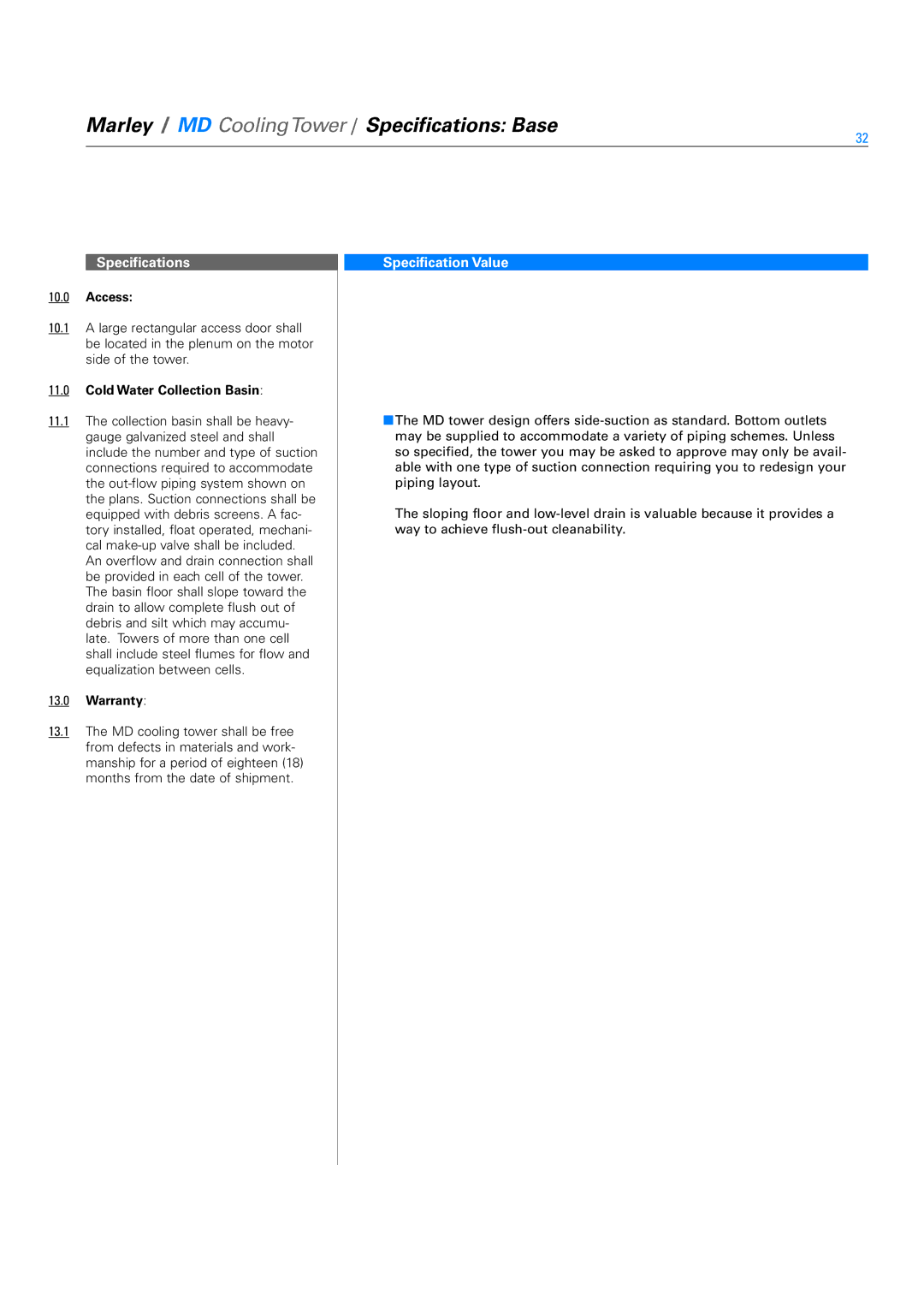 SPX Cooling Technologies Marley MD specifications Access, Cold Water Collection Basin, Warranty 