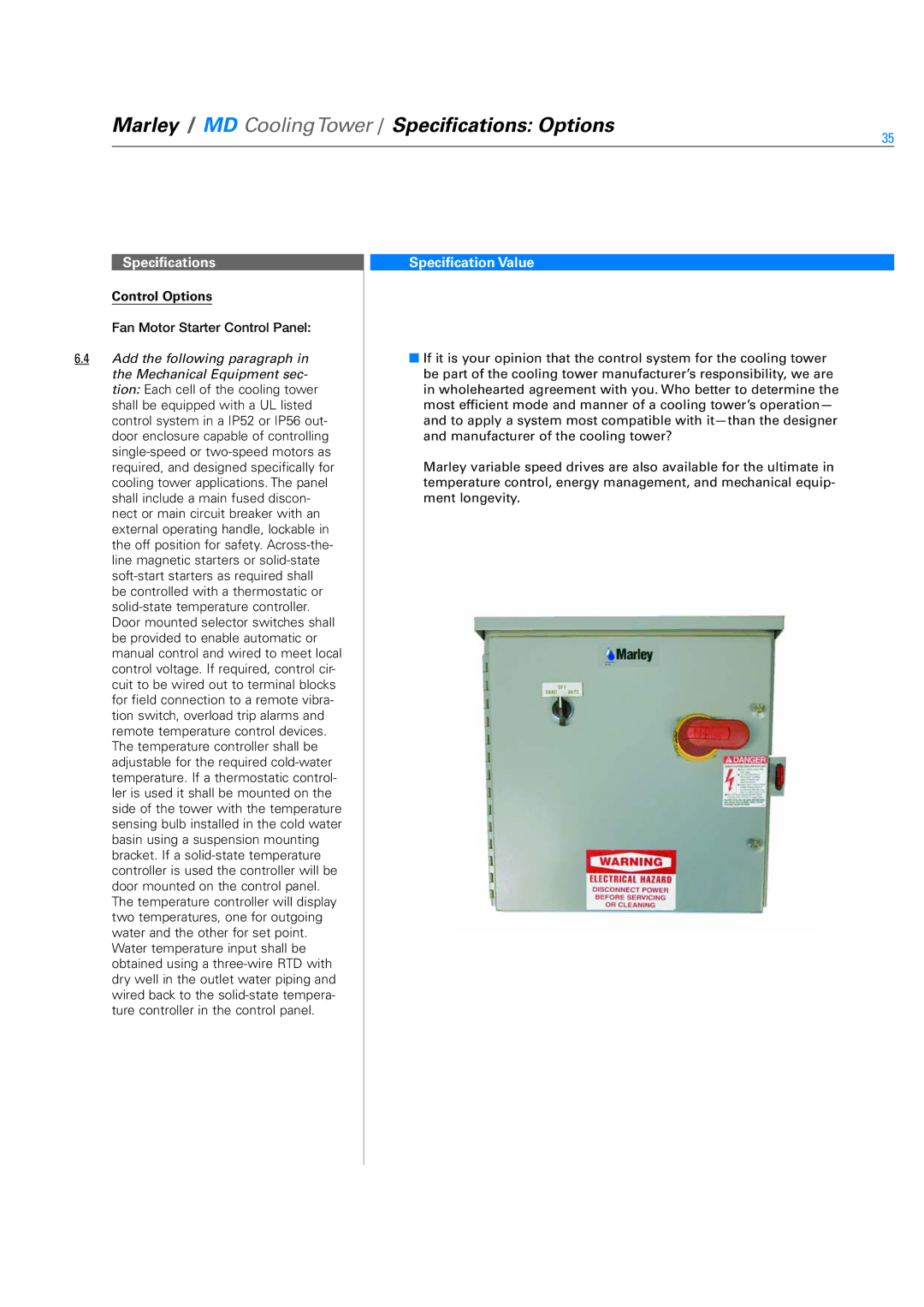 SPX Cooling Technologies Marley MD specifications Control Options, Mechanical Equipment sec 