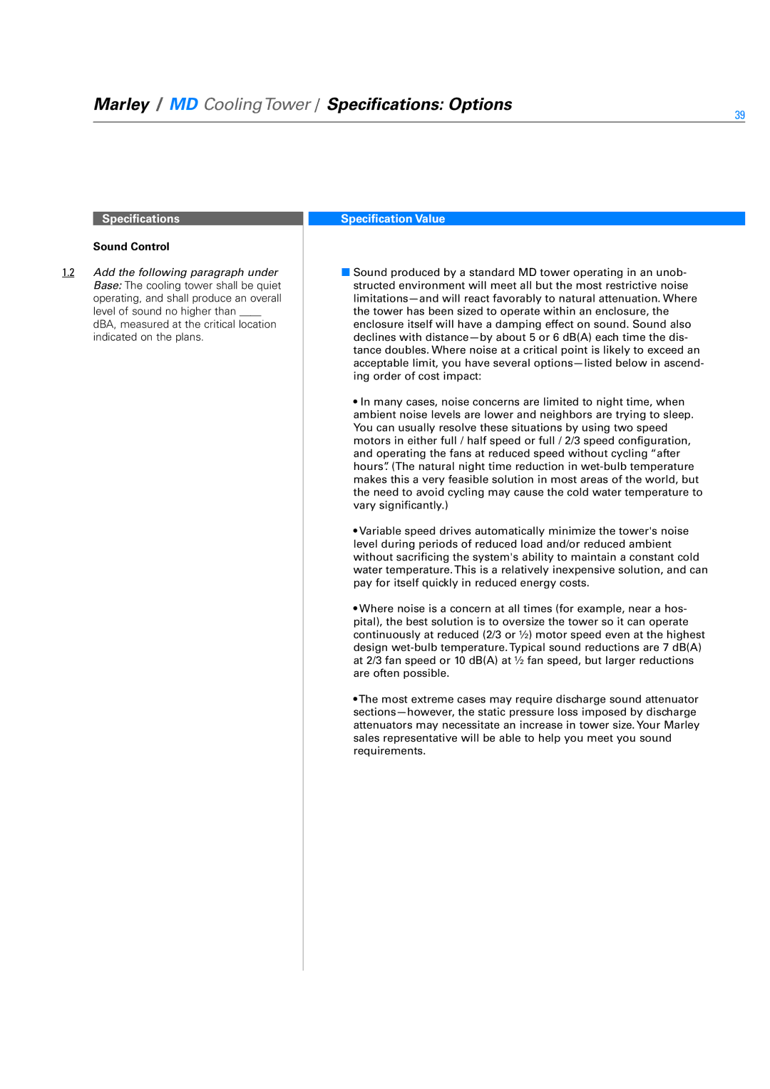 SPX Cooling Technologies Marley MD specifications Sound Control 