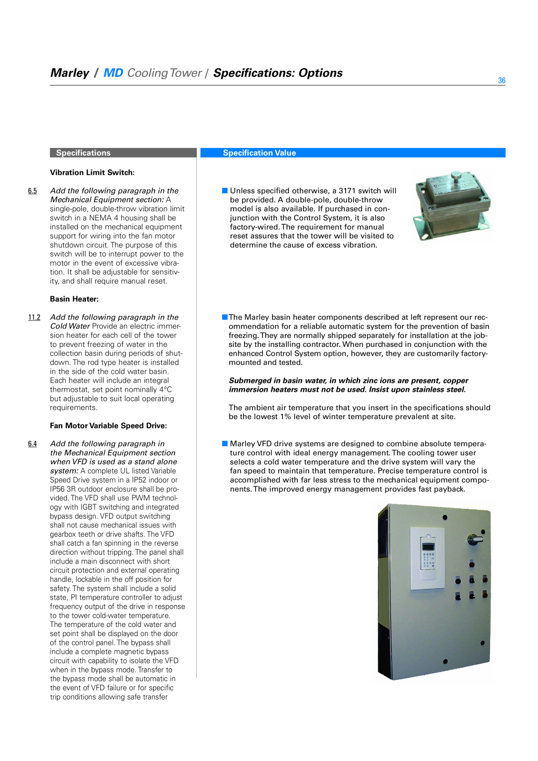 SPX Cooling Technologies Marley MD specifications Specifications, Specification Value, Vibration Limit Switch, Basin Heater 