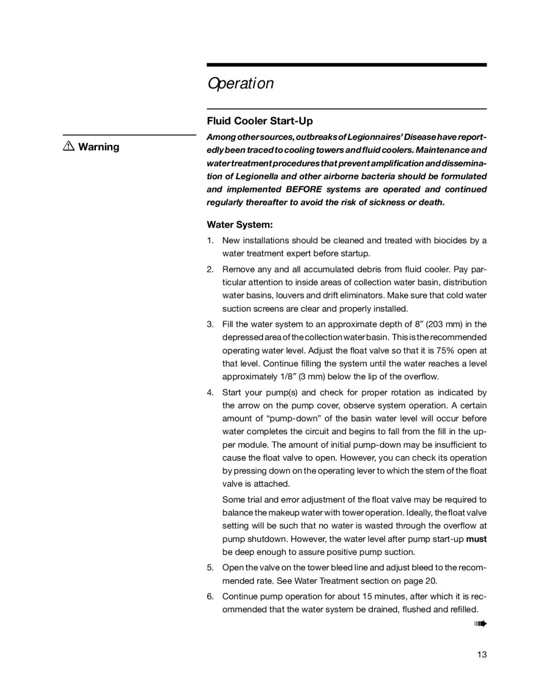 SPX Cooling Technologies Marley MH Fluid Cooler user manual Operation, Fluid Cooler Start-Up, Water System 