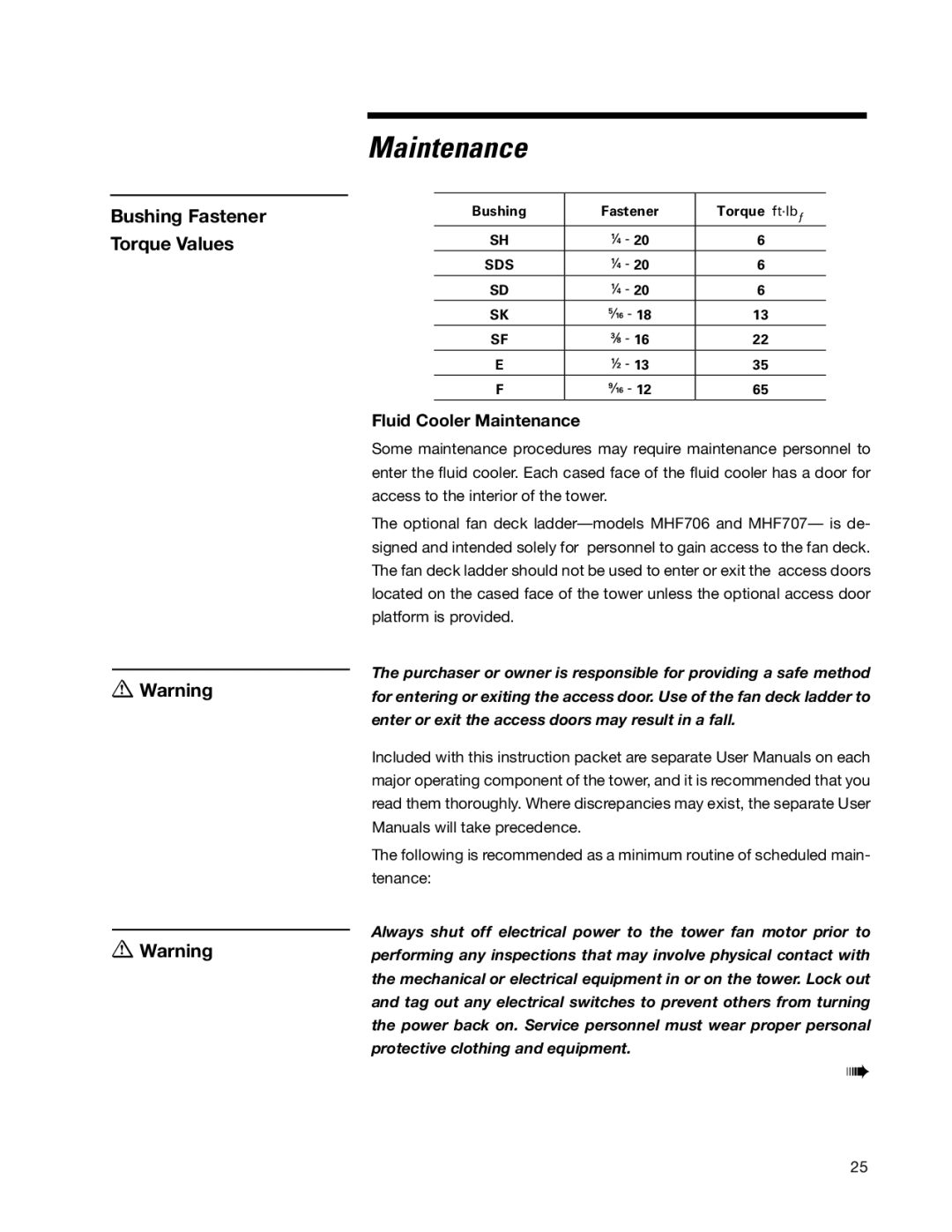 SPX Cooling Technologies Marley MH Fluid Cooler user manual Bushing Fastener Torque Values, Fluid Cooler Maintenance 