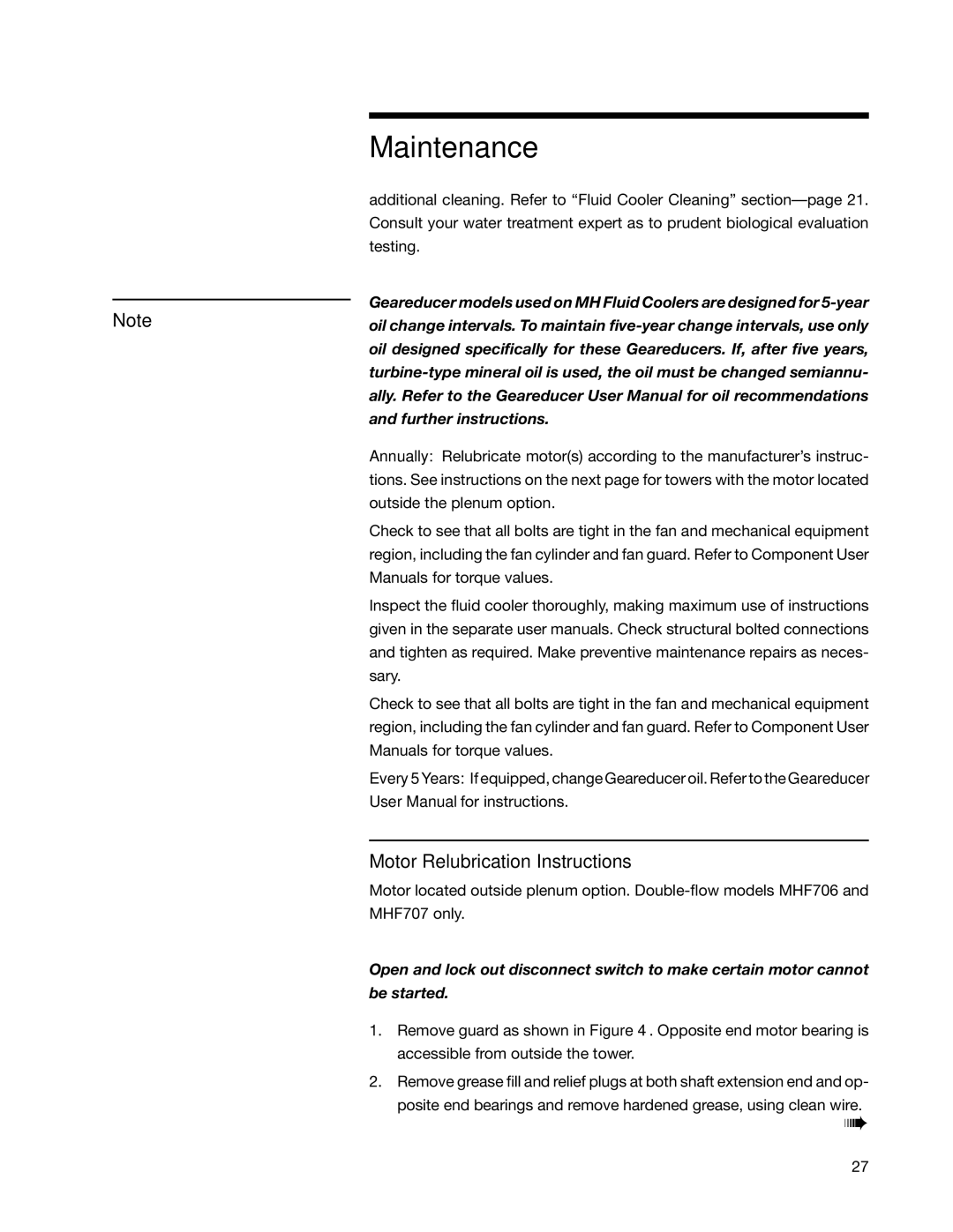 SPX Cooling Technologies Marley MH Fluid Cooler user manual Motor Relubrication Instructions 