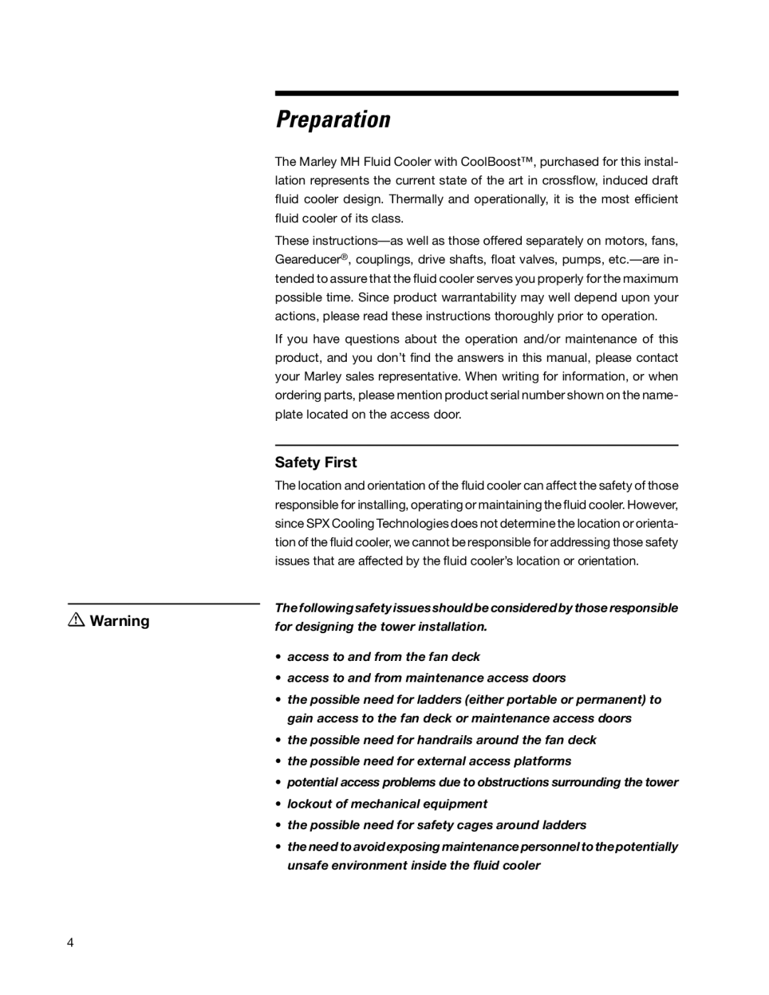 SPX Cooling Technologies Marley MH Fluid Cooler user manual Preparation, Safety First 