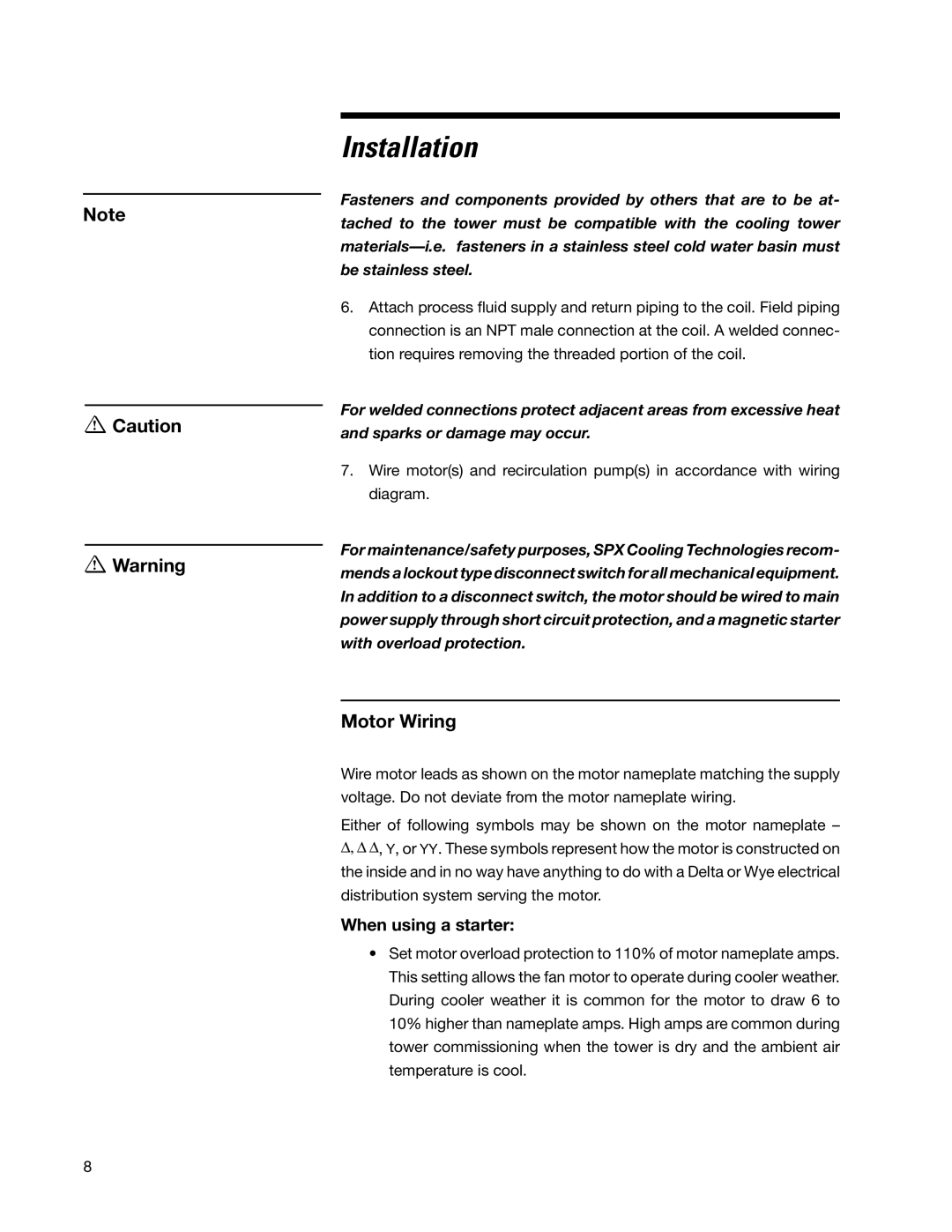 SPX Cooling Technologies Marley MH Fluid Cooler user manual Motor Wiring, When using a starter 