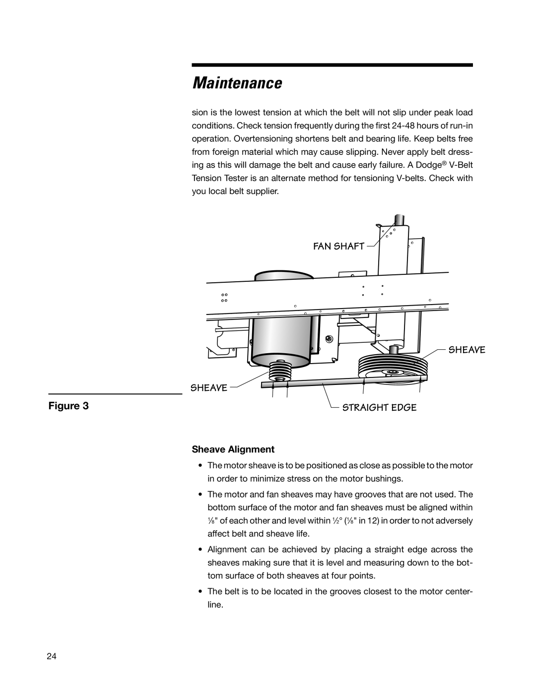 SPX Cooling Technologies Marley MH Fluid Cooler user manual Sheave Alignment, Maintenance, Fan Shaft Sheave, Straight Edge 