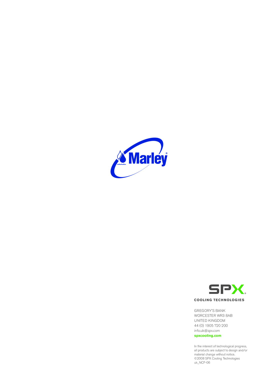 SPX Cooling Technologies Marley NC Fiberglass manual Gregorys Bank Worcester WR3 8AB United Kingdom 