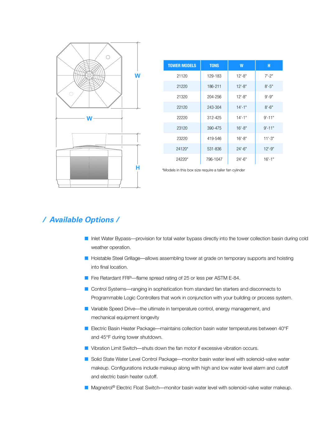 SPX Cooling Technologies Marley QuadraFlow manual Available Options, Tons 