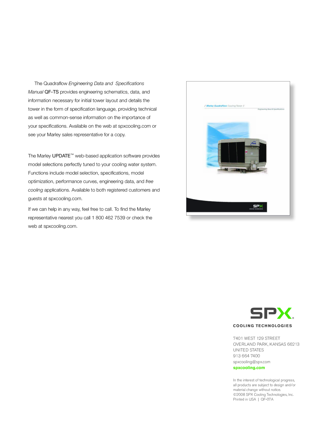 SPX Cooling Technologies Marley QuadraFlow manual West 129 Street Overland PARK, Kansas 66213 United States 