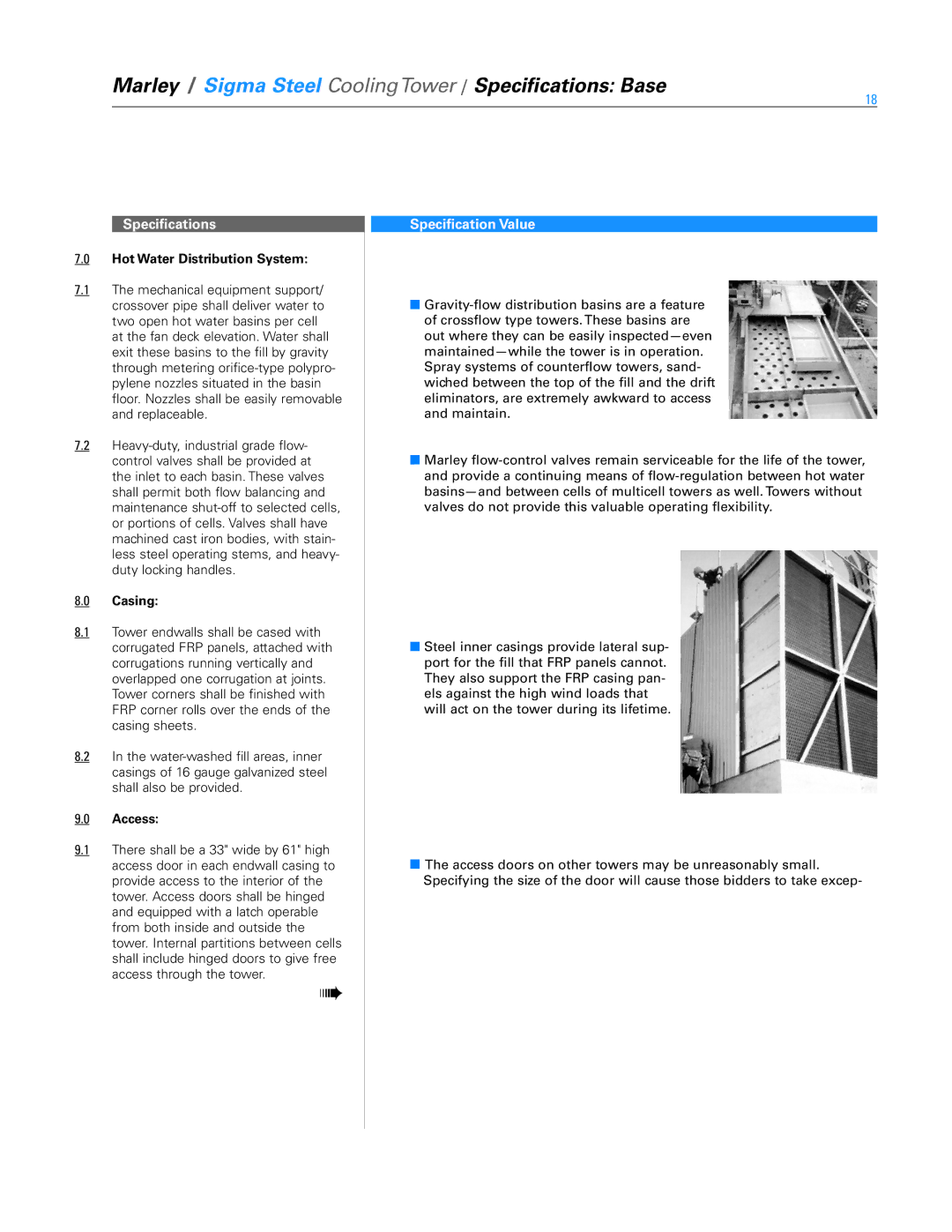 SPX Cooling Technologies Marley Sigma Steel specifications Hot Water Distribution System, Casing, Access 