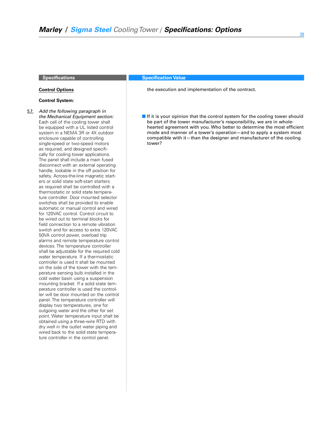 SPX Cooling Technologies Marley Sigma Steel specifications Control Options, Control System 