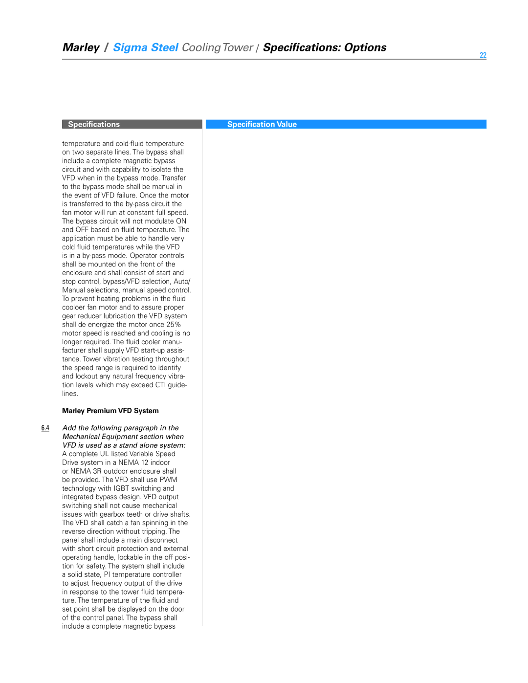 SPX Cooling Technologies Marley Sigma Steel specifications Marley Premium VFD System 