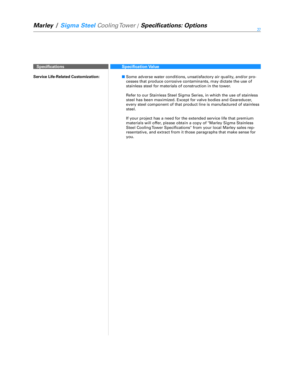 SPX Cooling Technologies Marley Sigma Steel specifications Service Life-Related Customization 