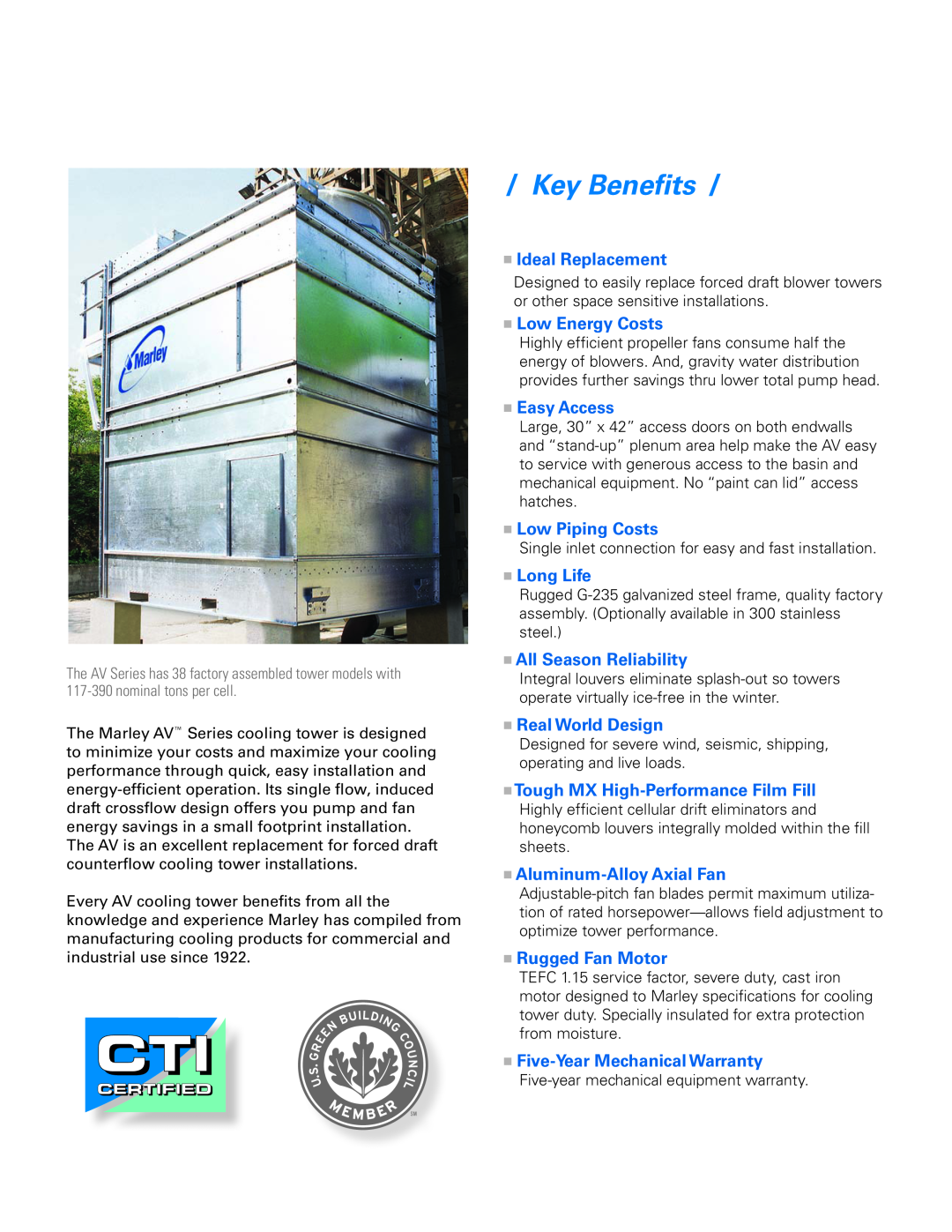 SPX Cooling Technologies MarleyAV Series manual Key Benefits 