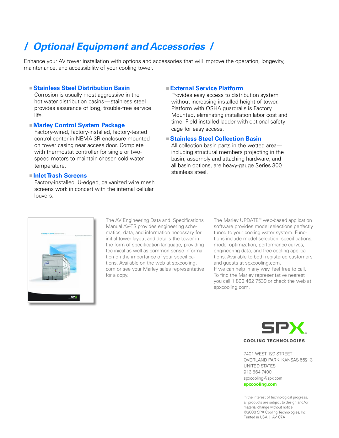SPX Cooling Technologies MarleyAV Series manual Optional Equipment and Accessories, nStainless Steel Distribution Basin 