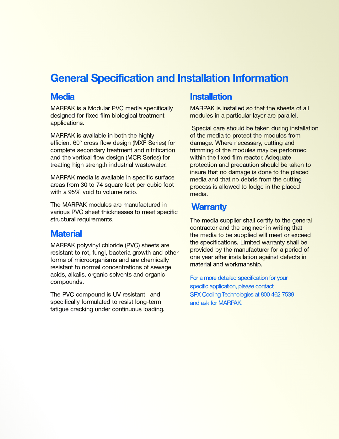 SPX Cooling Technologies MXF 7400, MCR3100 General Specification and Installation Information, Media, Material, Warranty 