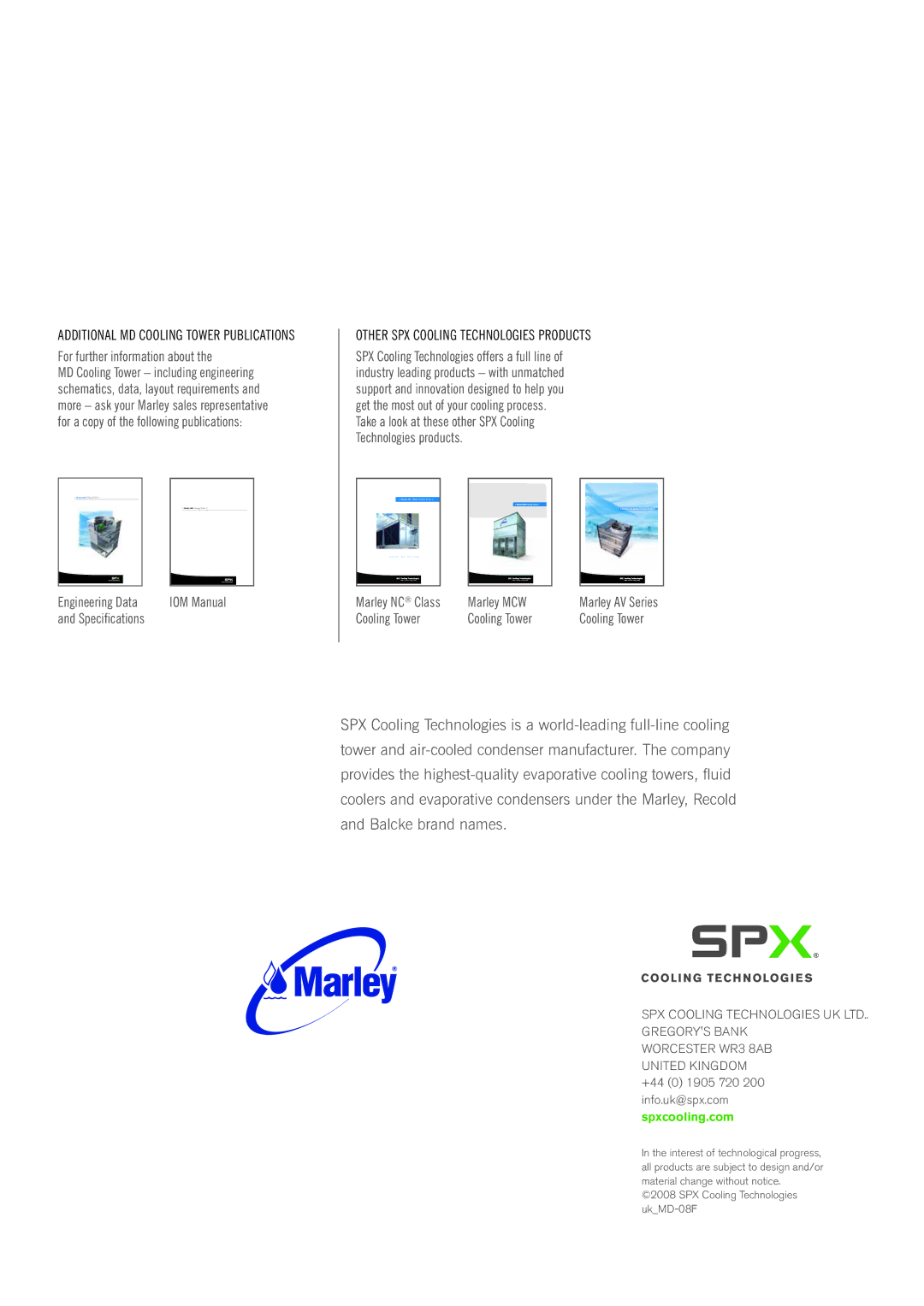 SPX Cooling Technologies MD-08F manual For further information about 