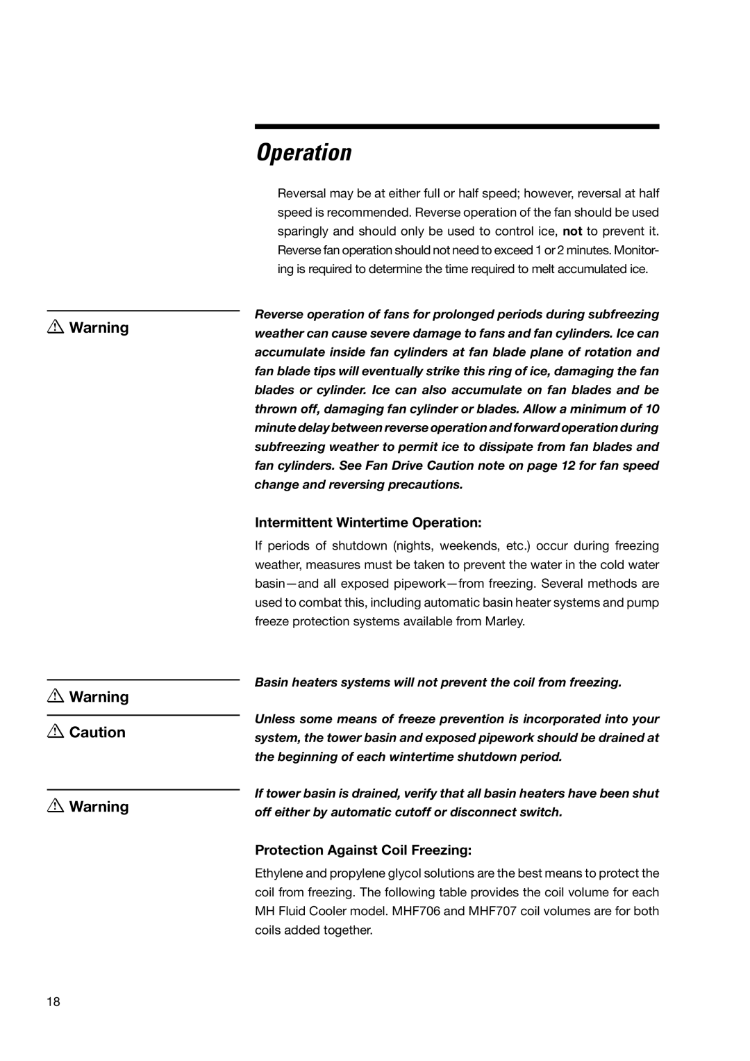 SPX Cooling Technologies MHF705, MHF702 user manual Intermittent Wintertime Operation, Protection Against Coil Freezing 