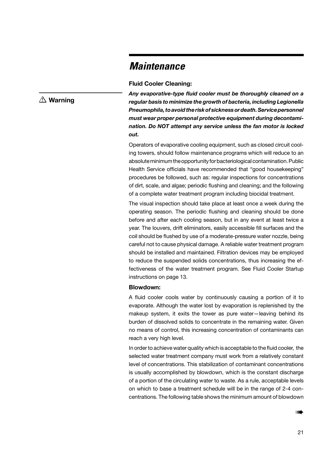 SPX Cooling Technologies MHF702, MHF705 user manual Fluid Cooler Cleaning, Blowdown 