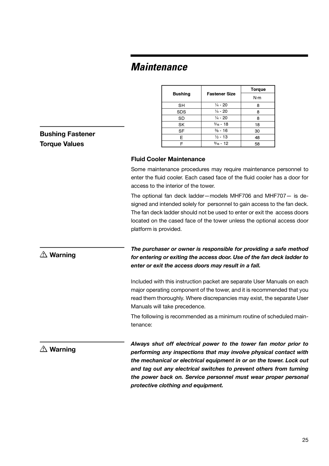 SPX Cooling Technologies MHF702, MHF705 user manual Bushing Fastener Torque Values, Fluid Cooler Maintenance 