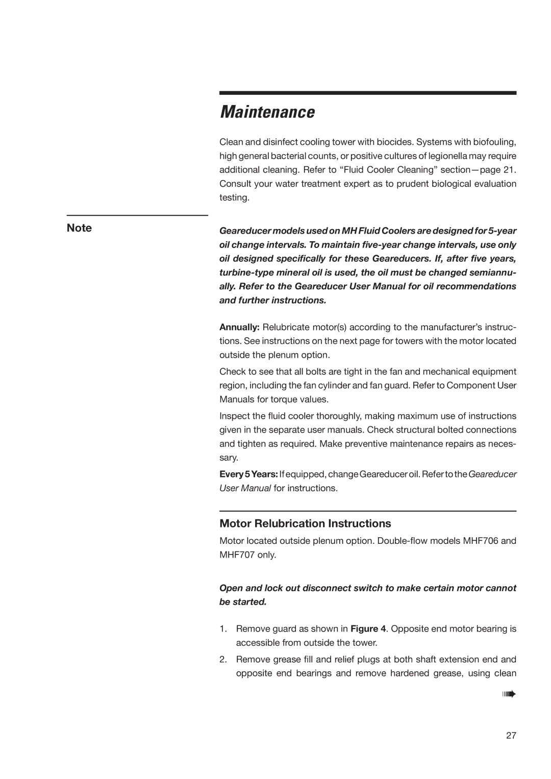 SPX Cooling Technologies MHF702, MHF705 user manual Motor Relubrication Instructions, Further instructions 