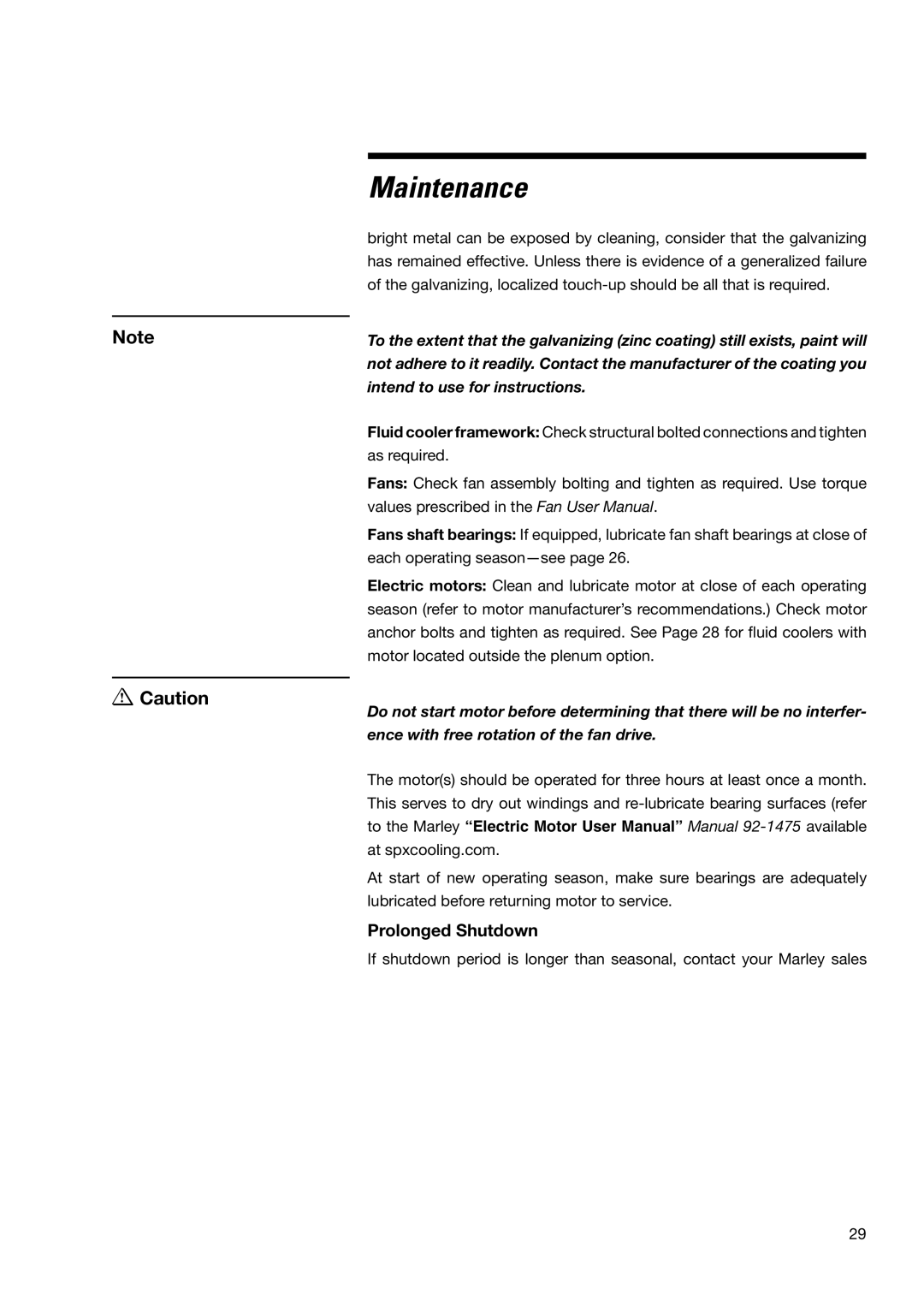 SPX Cooling Technologies MHF702, MHF705 user manual Prolonged Shutdown 