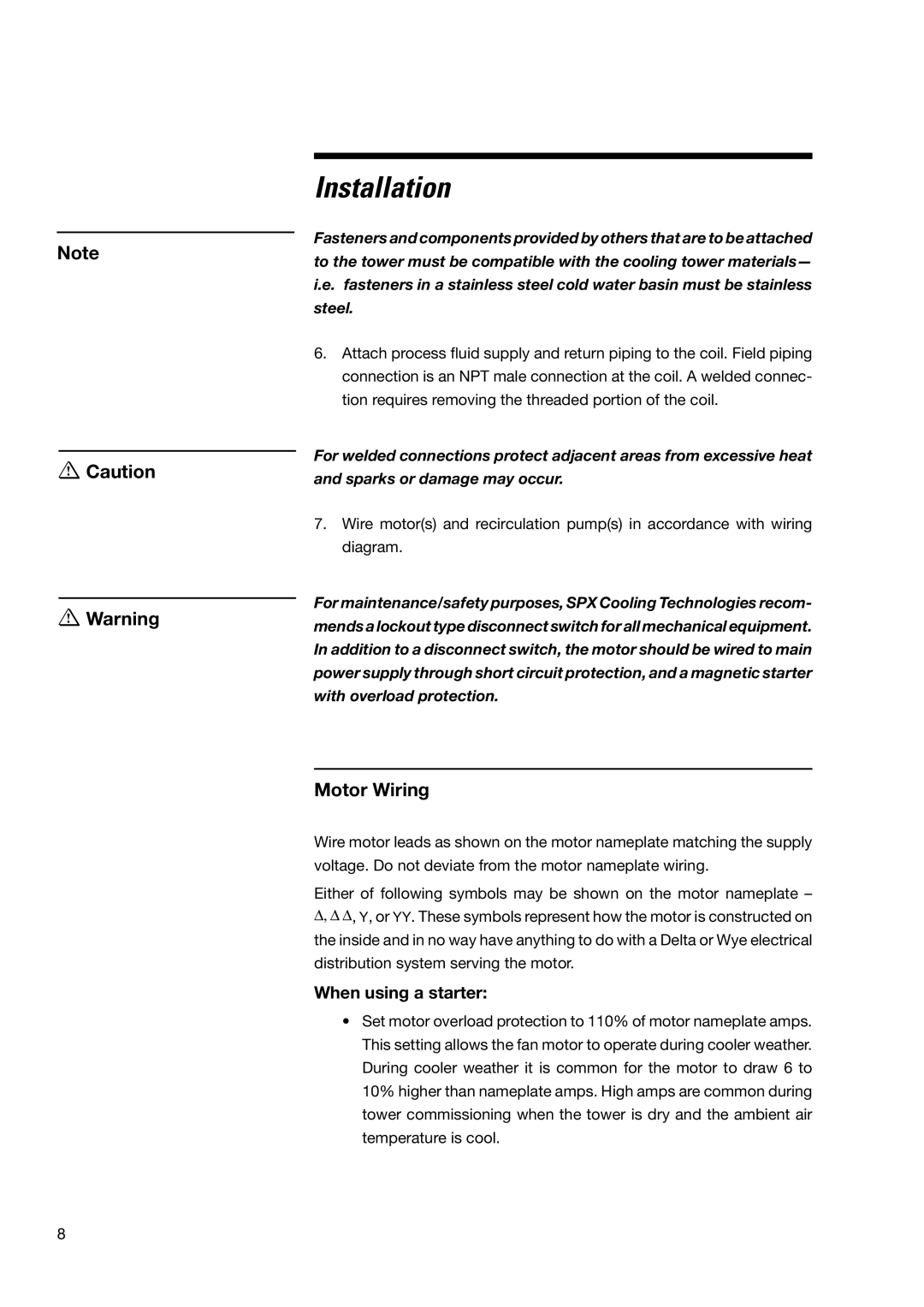 SPX Cooling Technologies MHF705, MHF702 user manual Motor Wiring, When using a starter 