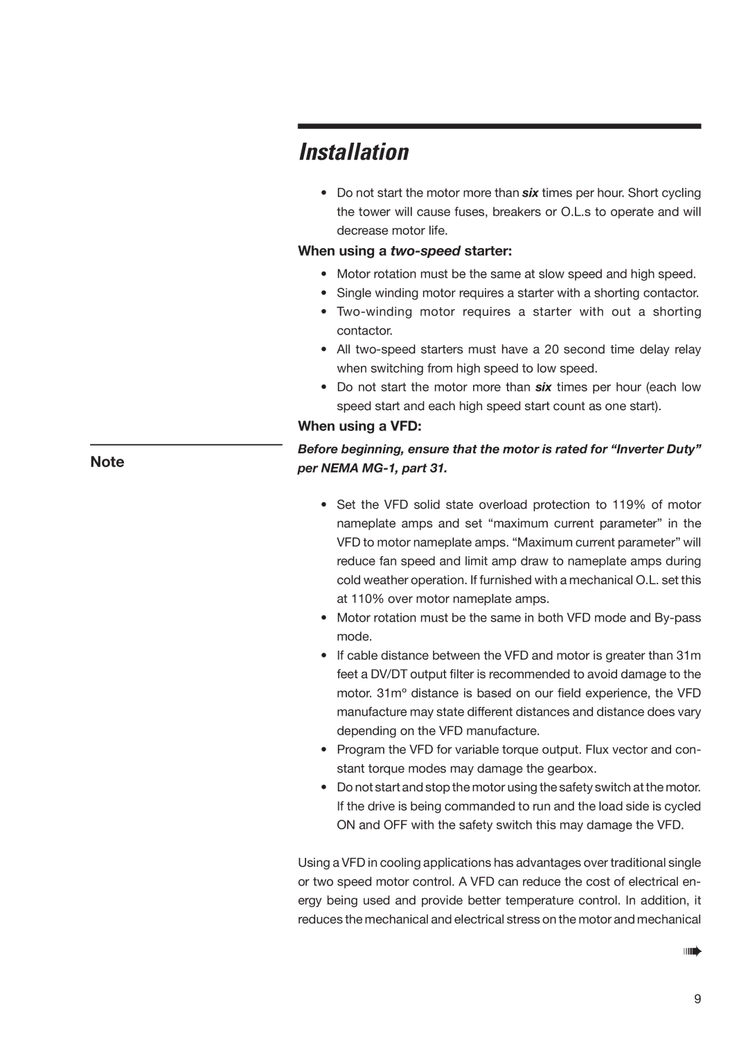 SPX Cooling Technologies MHF702, MHF705 user manual When using a two-speedstarter, When using a VFD 