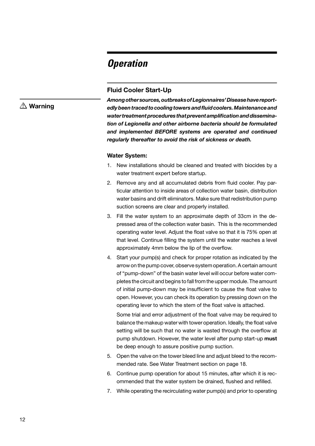 SPX Cooling Technologies none user manual Operation, Fluid Cooler Start-Up, Water System 