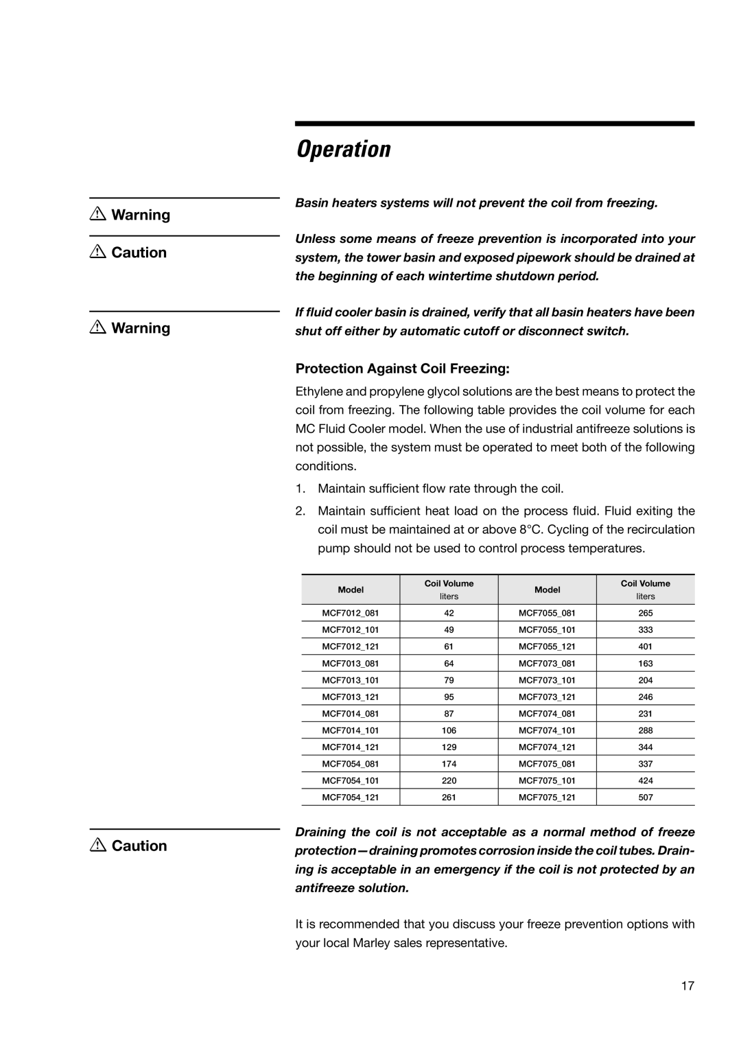 SPX Cooling Technologies none user manual Protection Against Coil Freezing, Model Coil Volume 