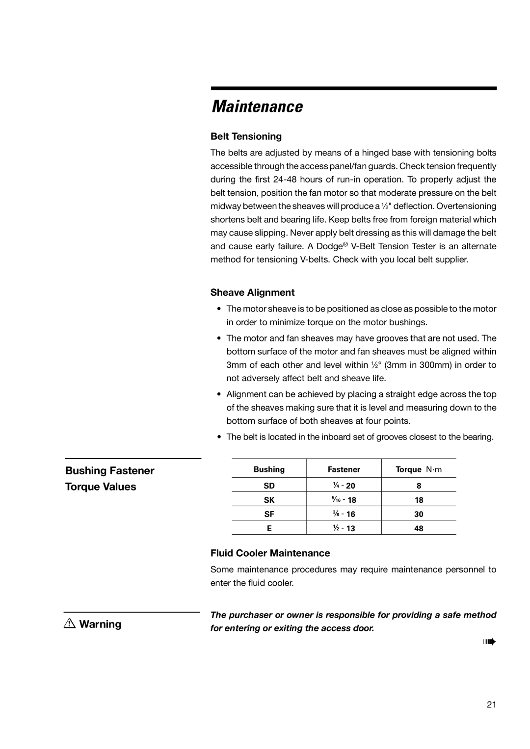 SPX Cooling Technologies none user manual Maintenance, Bushing Fastener Torque Values, Belt Tensioning, Sheave Alignment 